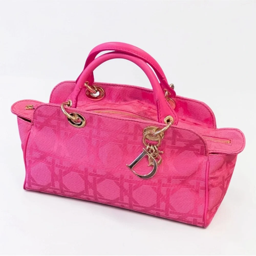 Auth LADY DIOR East West tote bag fushia Pink cannage silk jacquard Handbag RARE